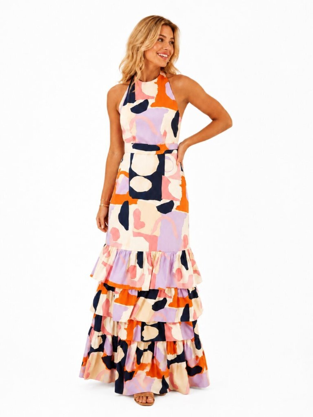 Gianni Bini x Venita Maxi Dress Abstract Print Halter Retro Summer Vacation 4